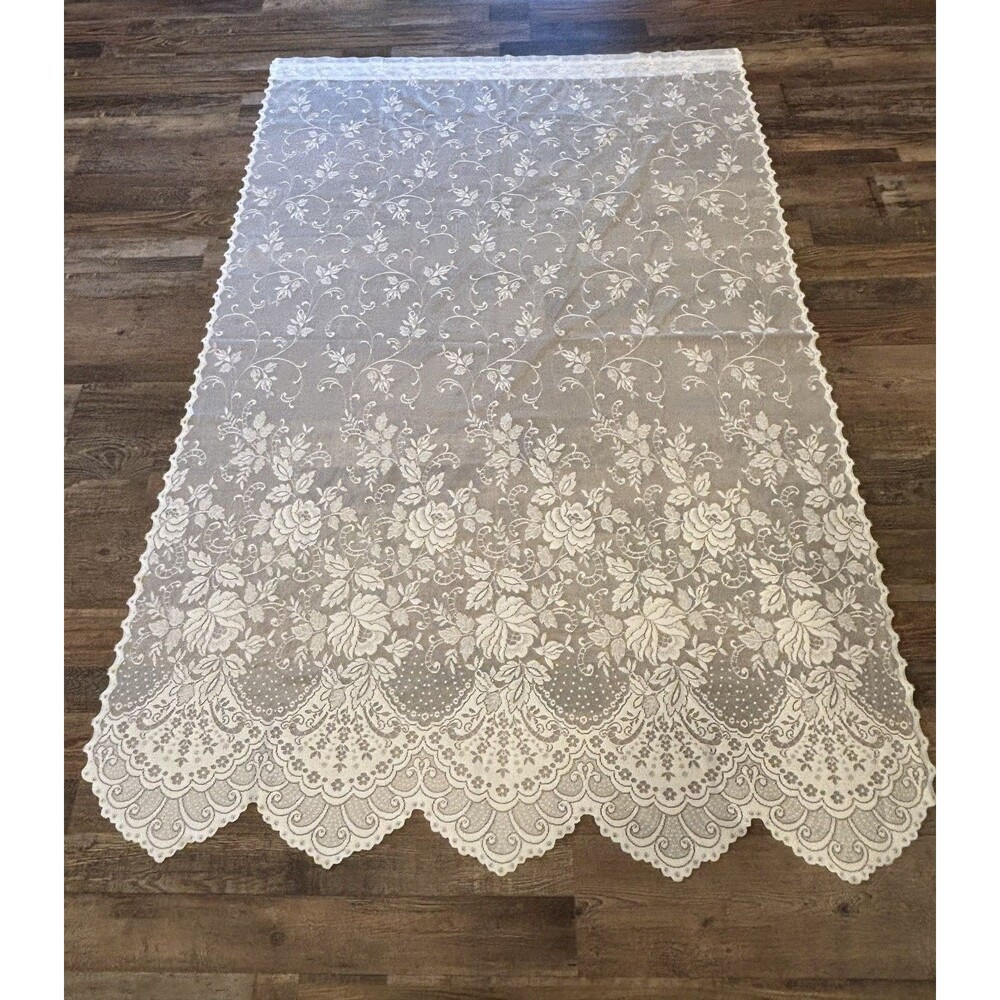Vintage Lace Window Curtain Panel Victorian Cottage Style Roses Floral Scalloped